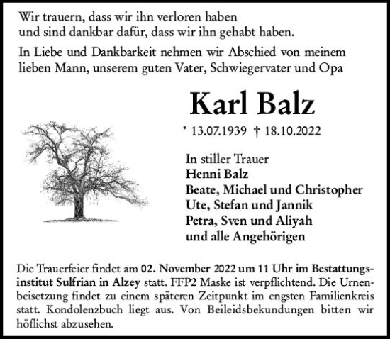 Traueranzeige von Karl Baltz von vrm-trauer Allgemeine Zeitung Alzey