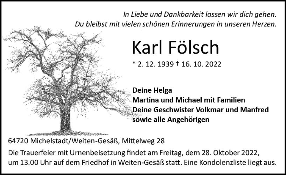  Traueranzeige für Karl Fölsch vom 22.10.2022 aus vrm-trauer Odenwälder Echo