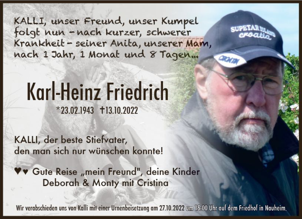  Traueranzeige für Karl-Heinz Friedrich vom 22.10.2022 aus vrm-trauer Rüsselsheimer Echo / MainSpitze