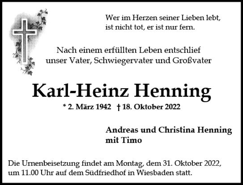  Traueranzeige für Karl-Heinz Henning vom 29.10.2022 aus vrm-trauer Wiesbadener Kurier