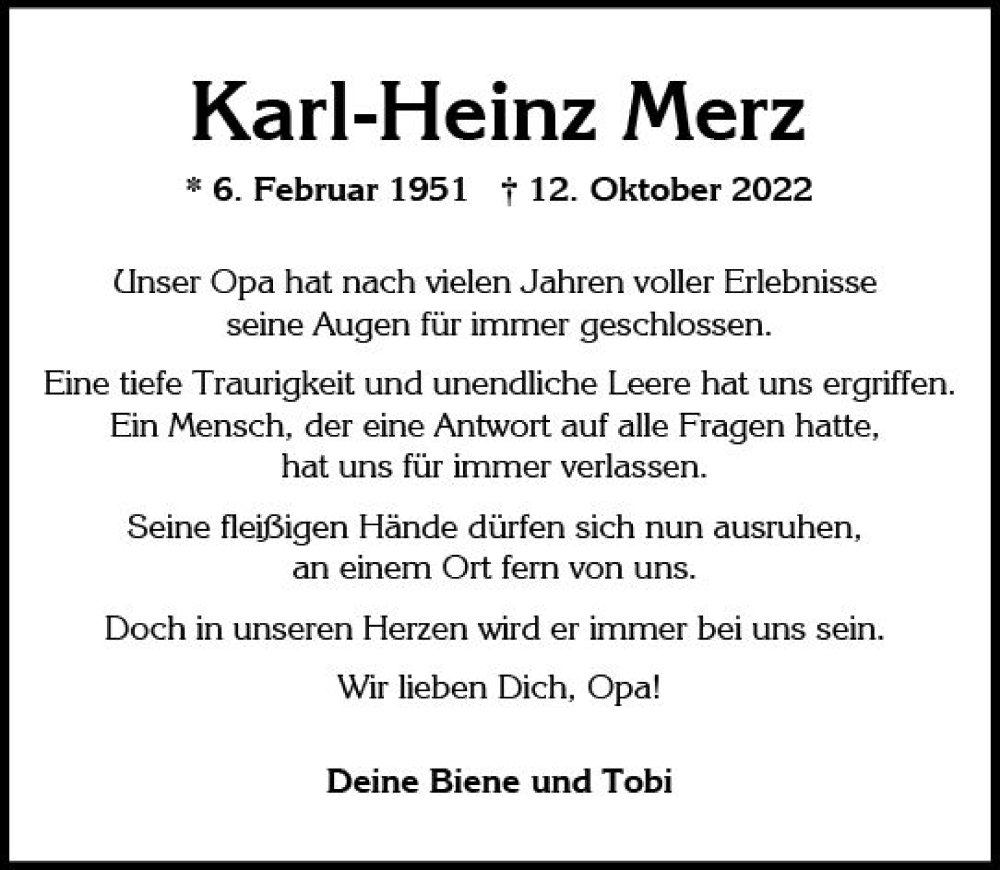  Traueranzeige für Karl-Heinz Merz vom 22.10.2022 aus vrm-trauer Wiesbadener Kurier