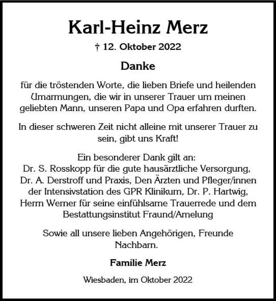  Traueranzeige für Karl-Heinz Merz vom 29.10.2022 aus vrm-trauer Wiesbadener Kurier