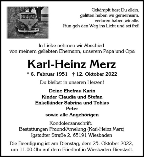 Traueranzeige von Karl-Heinz Merz von vrm-trauer Wiesbadener Kurier