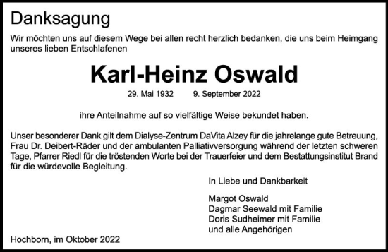 Traueranzeige von Karl-Heinz Oswald von vrm-trauer Allgemeine Zeitung Alzey