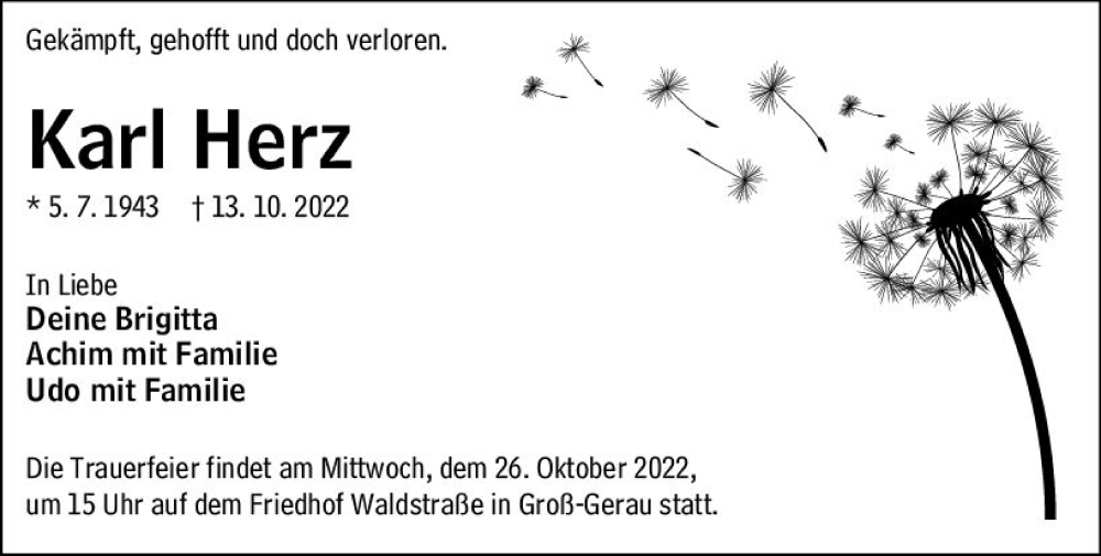  Traueranzeige für Karl Herz vom 22.10.2022 aus vrm-trauer Groß-Gerauer Echo