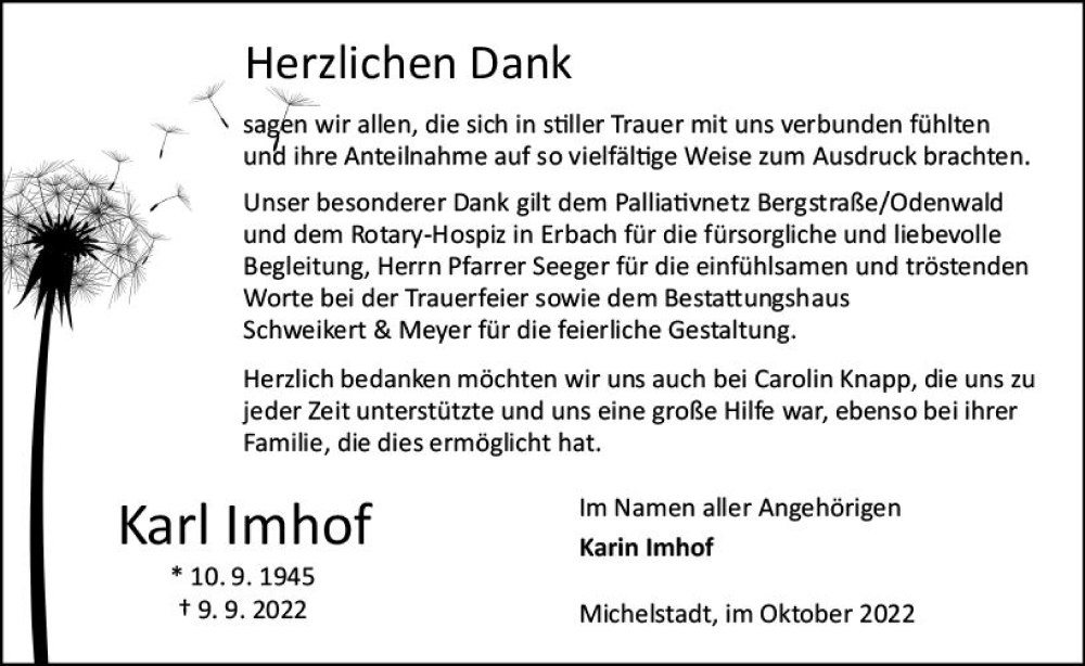  Traueranzeige für Karl Imhof vom 08.10.2022 aus vrm-trauer Odenwälder Echo