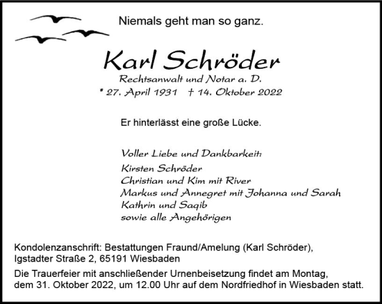 Traueranzeige von Karl Schröder von vrm-trauer Wiesbadener Kurier