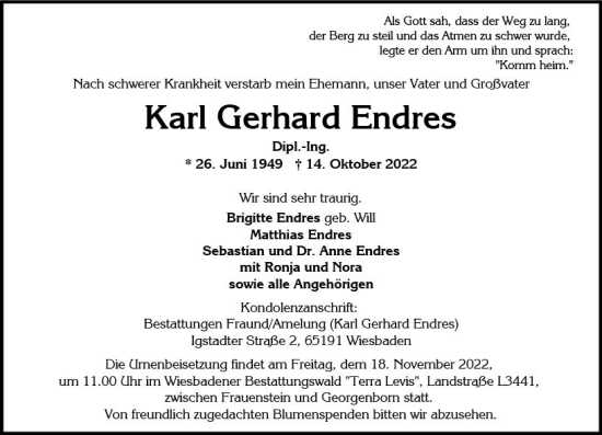 Traueranzeige von Karl Gerhard Endres von vrm-trauer Wiesbadener Kurier