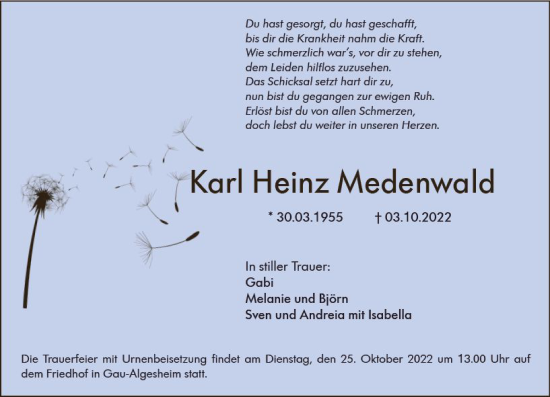 Traueranzeige von Karl Heinz Medenwald von vrm-trauer Allgemeine  Zeitung Ingelheim-Bingen