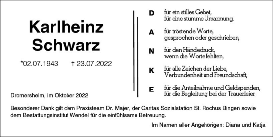 Traueranzeige von Karlheinz Schwarz von vrm-trauer Allgemeine  Zeitung Ingelheim-Bingen