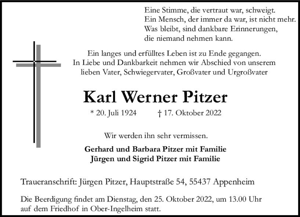  Traueranzeige für Karl Werner Pitzer vom 21.10.2022 aus vrm-trauer Allgemeine  Zeitung Ingelheim-Bingen