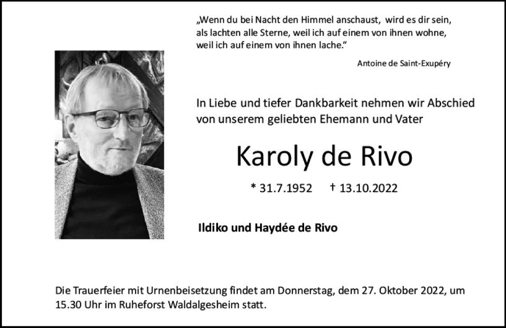  Traueranzeige für Karoly de Rivo vom 22.10.2022 aus vrm-trauer Allgemeine  Zeitung Ingelheim-Bingen