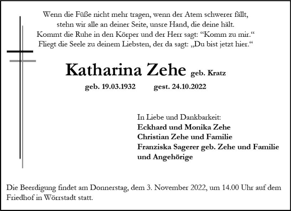  Traueranzeige für Katharina Zehe vom 29.10.2022 aus vrm-trauer Allgemeine Zeitung Alzey