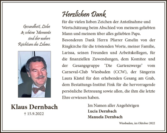 Traueranzeige von Klaus Dernbach von vrm-trauer Wiesbadener Kurier