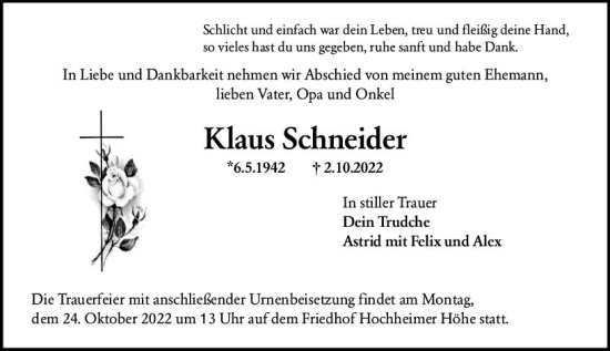 Traueranzeige von Klaus Schneider von vrm-trauer Wormser Zeitung