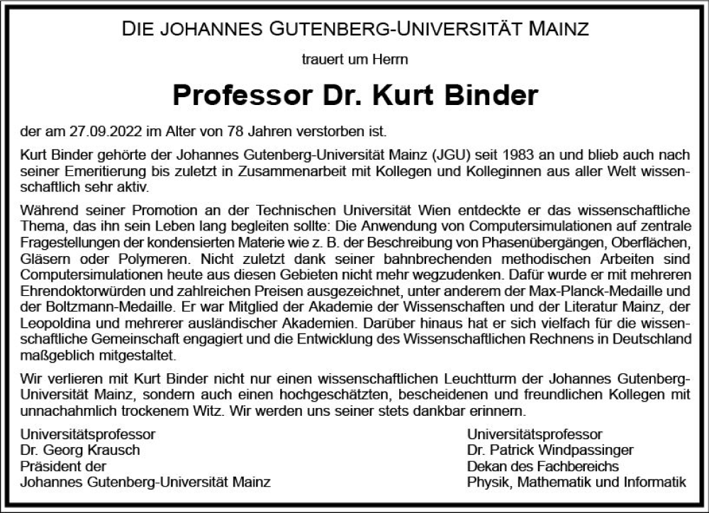  Traueranzeige für Kurt Binder vom 15.10.2022 aus vrm-trauer AZ Mainz