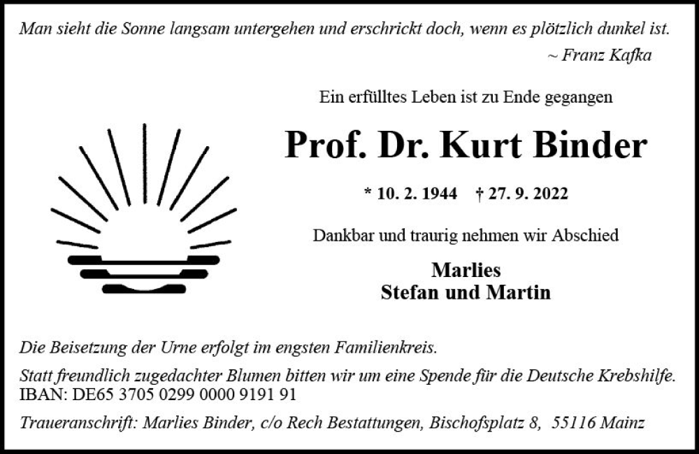  Traueranzeige für Kurt Binder vom 08.10.2022 aus vrm-trauer AZ Mainz