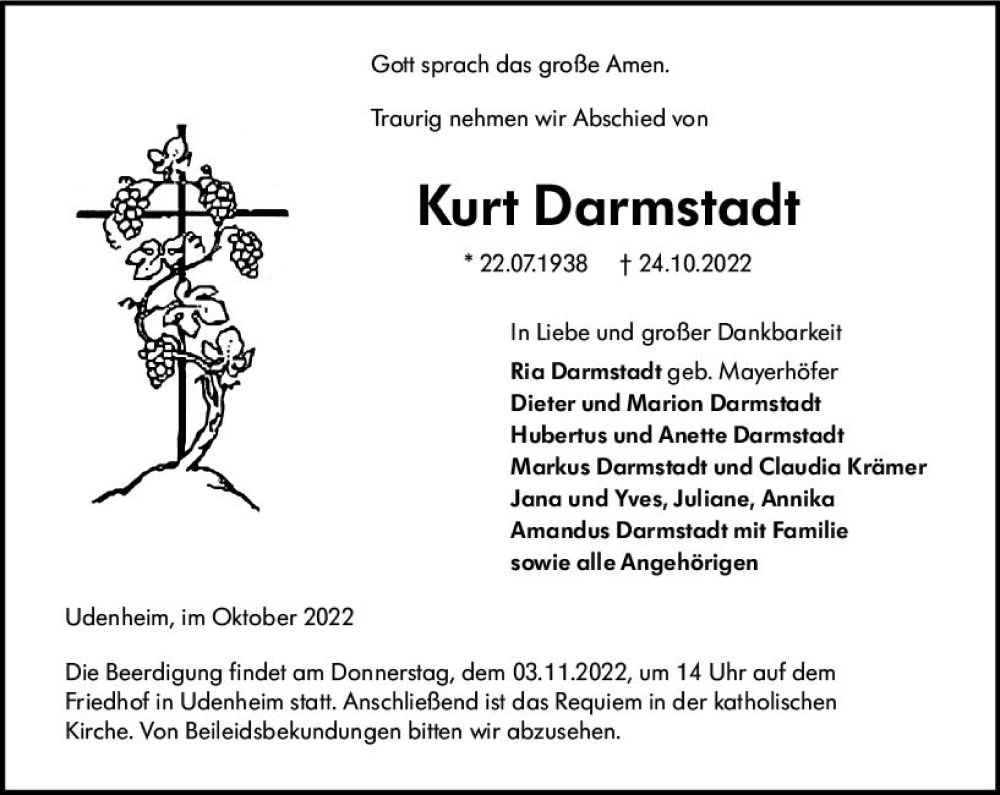  Traueranzeige für Kurt Darmstadt vom 29.10.2022 aus vrm-trauer Allgemeine Zeitung Alzey