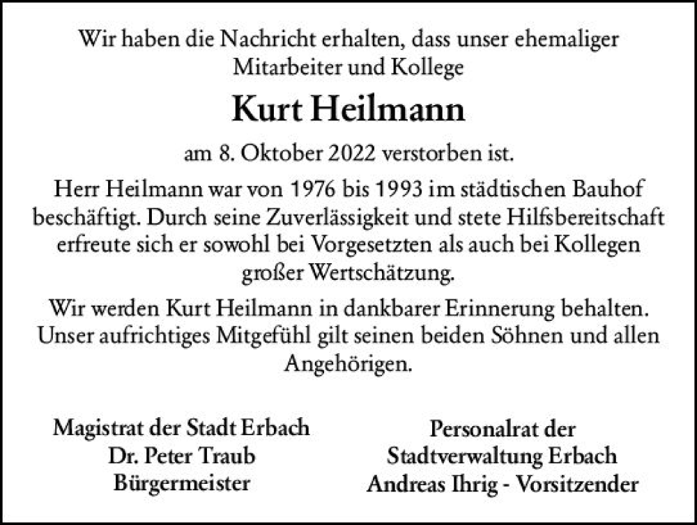  Traueranzeige für Kurt Heilmann vom 12.10.2022 aus vrm-trauer Odenwälder Echo