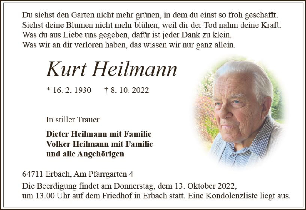  Traueranzeige für Kurt Heilmann vom 12.10.2022 aus vrm-trauer Odenwälder Echo