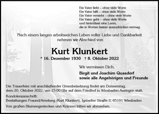 Traueranzeige von Kurt Klunkert von vrm-trauer Wiesbadener Kurier