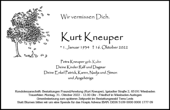 Traueranzeige von Kurt Kneuper von vrm-trauer Wiesbadener Kurier