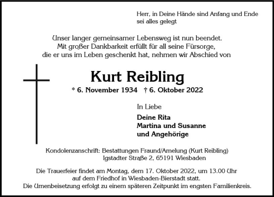Traueranzeige von Kurt Reibling von vrm-trauer Wiesbadener Kurier
