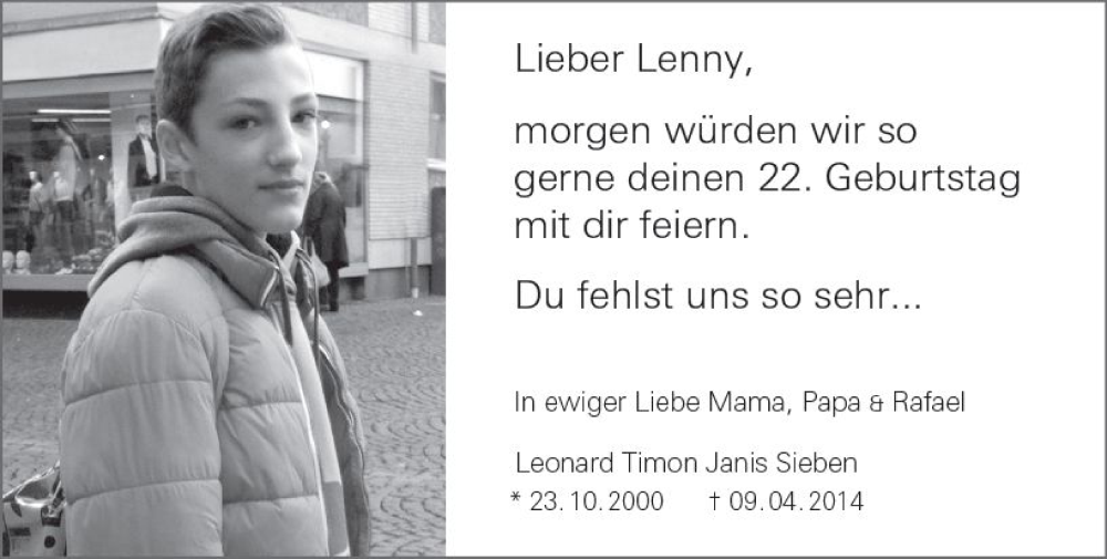  Traueranzeige für Leonard Timon Janis Sieben vom 22.10.2022 aus vrm-trauer AZ Mainz