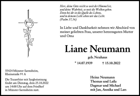 Traueranzeige von Liane Neumann von vrm-trauer Allg. Zeitung Bad Kreuznach