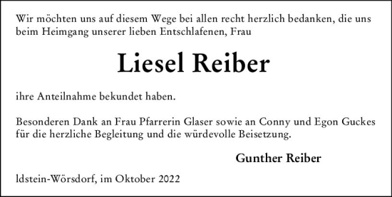 Traueranzeige von Liesel Reiber von vrm-trauer Idsteiner Zeitung
