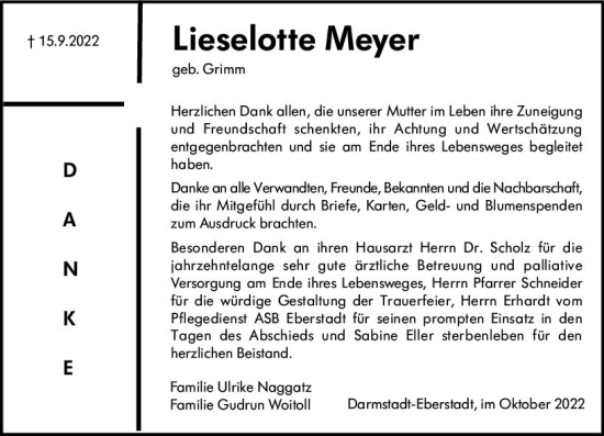 Traueranzeige von Lieselotte Meyer von vrm-trauer Darmstädter Echo