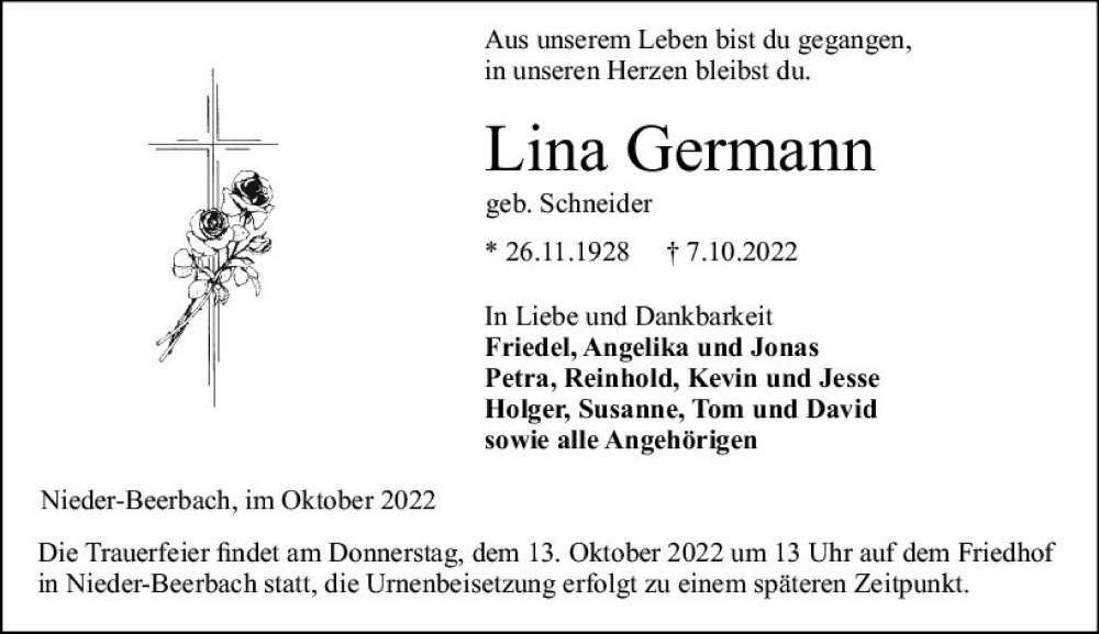  Traueranzeige für Lina Germann vom 10.10.2022 aus vrm-trauer Darmstädter Echo