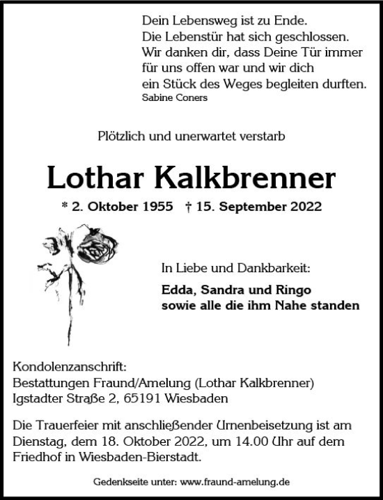 Traueranzeige von Lothar Kalkbrenner von vrm-trauer Wiesbadener Kurier