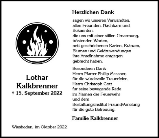 Traueranzeige von Lothar Kalkbrenner von vrm-trauer Wiesbadener Kurier
