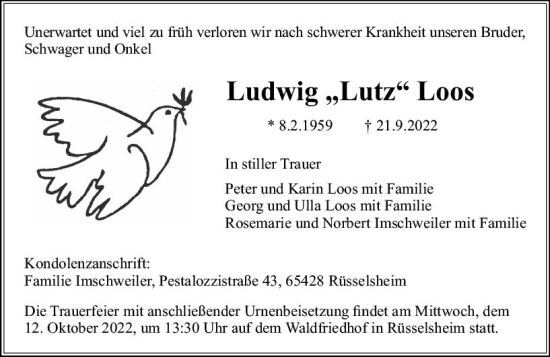 Traueranzeige von Ludwig Loos von vrm-trauer Rüsselsheimer Echo / MainSpitze