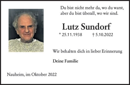 Traueranzeige von Lutz Sundorf von vrm-trauer Rüsselsheimer Echo / MainSpitze