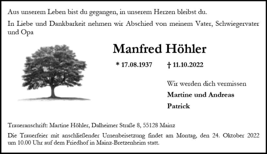 Traueranzeige von Manfred Höhler von vrm-trauer AZ Mainz