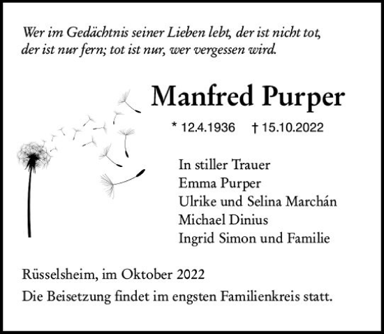 Traueranzeige von Manfred Purper von vrm-trauer Rüsselsheimer Echo / MainSpitze