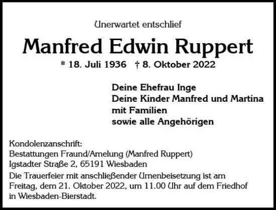 Traueranzeige von Manfred Edwin Ruppert von vrm-trauer Wiesbadener Kurier