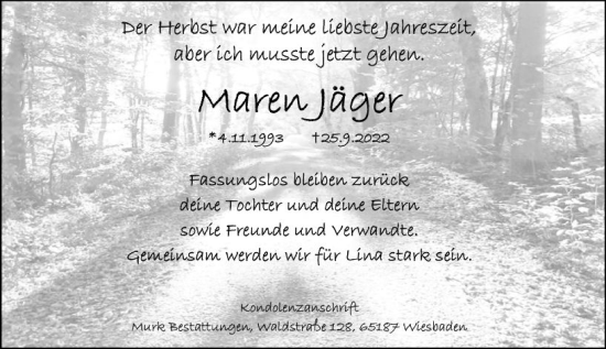 Traueranzeige von Maren Jäger von vrm-trauer Wiesbadener Kurier