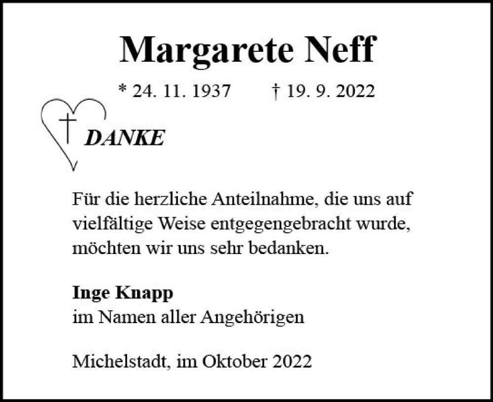  Traueranzeige für Margarete Neff vom 22.10.2022 aus vrm-trauer Odenwälder Echo
