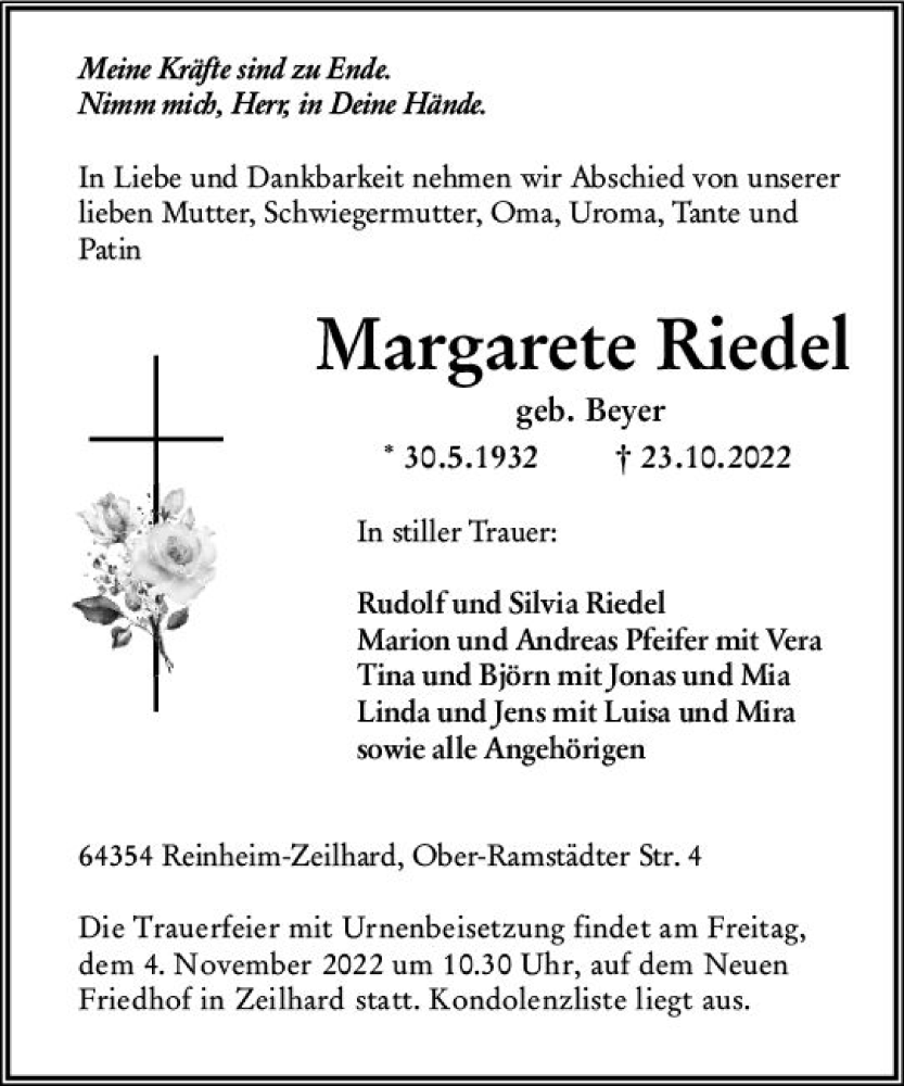  Traueranzeige für Margarete Riedel vom 29.10.2022 aus vrm-trauer Darmstädter Echo