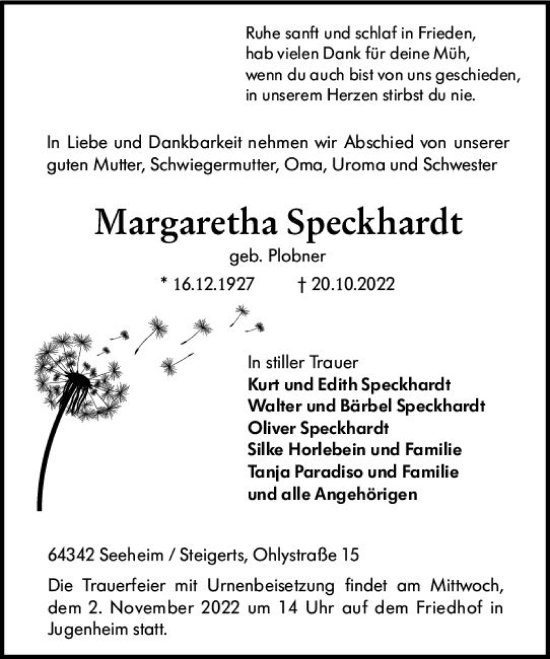 Traueranzeige von Margaretha Speckhardt von vrm-trauer Darmstädter Echo
