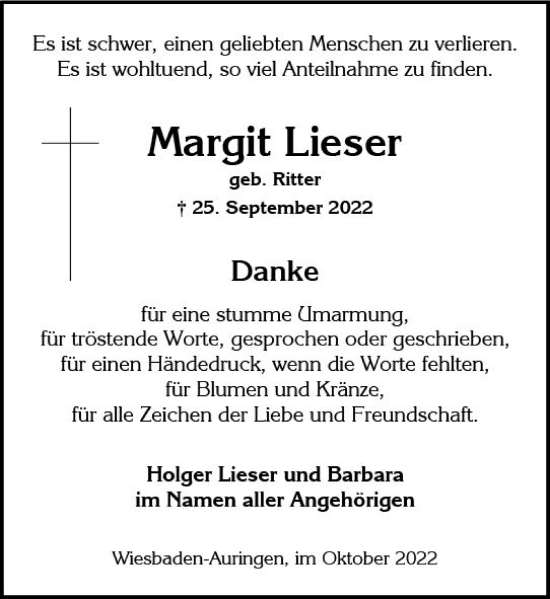 Traueranzeige von Margit Lieser von vrm-trauer Wiesbadener Kurier