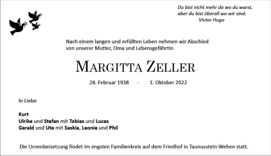 Traueranzeige von Margitta Zeller von vrm-trauer Wiesbadener Kurier