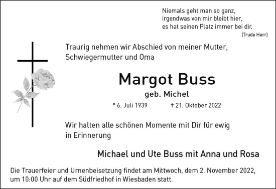 Traueranzeige von Margot Buss von vrm-trauer Wiesbadener Kurier