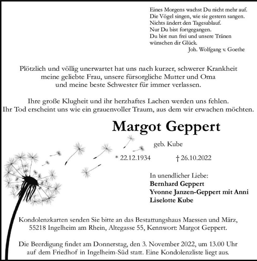  Traueranzeige für Margot Geppert vom 29.10.2022 aus vrm-trauer Allgemeine  Zeitung Ingelheim-Bingen