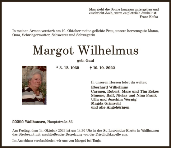 Traueranzeige von Margot Wilhelmus von vrm-trauer Allg. Zeitung Bad Kreuznach