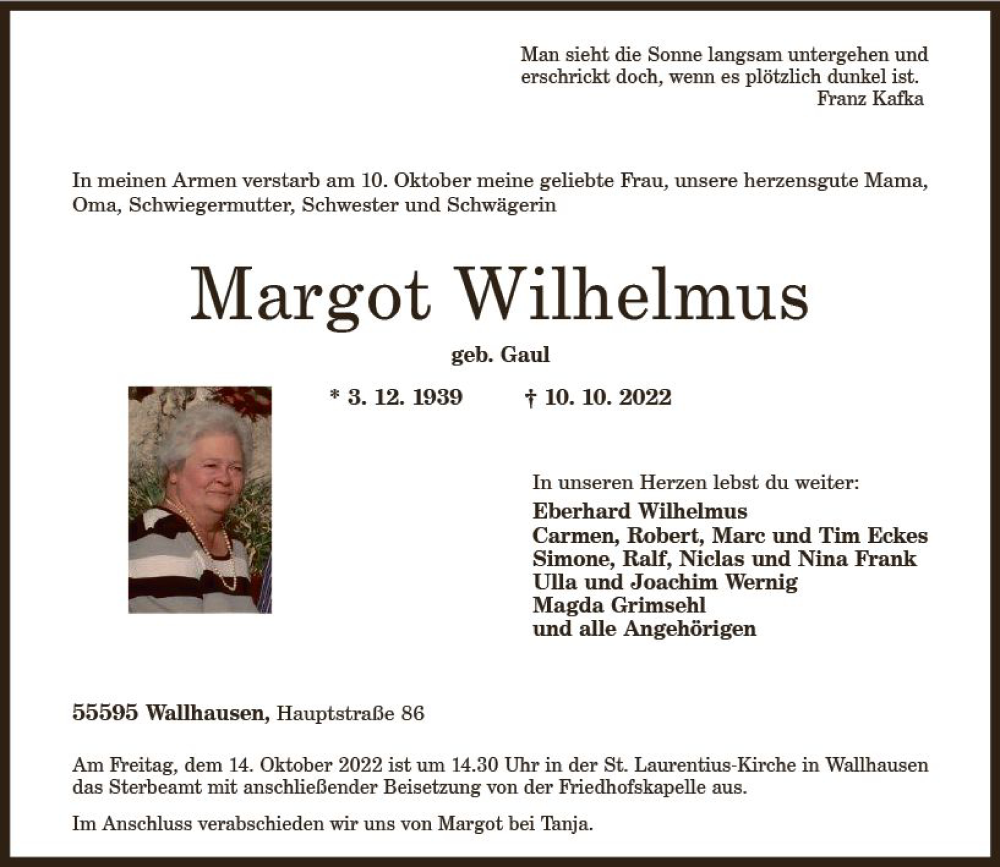  Traueranzeige für Margot Wilhelmus vom 13.10.2022 aus vrm-trauer Allg. Zeitung Bad Kreuznach
