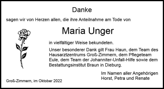 Traueranzeige von Maria Unger von vrm-trauer DieburgerAnzeiger/Groß-Zimmerner Lokala